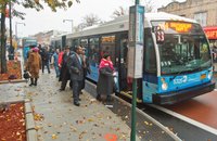 Passengers board the newly launched B44 bus on Nostrand Avenue in Brooklyn.