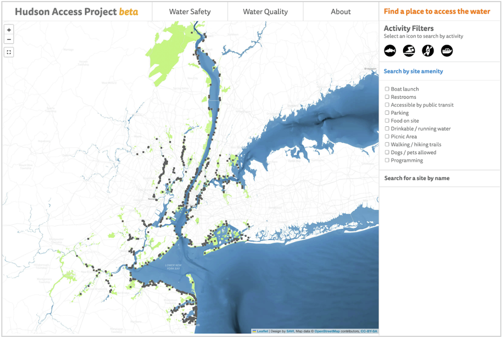 An aerial map of the Hudson River watershed area indicating access points.