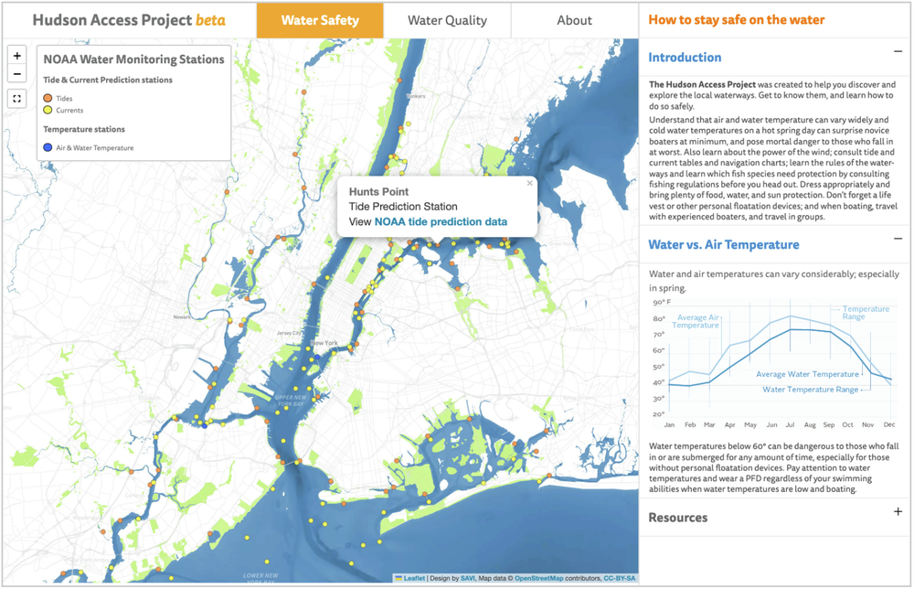 A screenshot of the water safety page of the Hudson Access Project website. The page shows an areal map of the river with tide and current information.