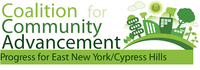 Logo for Coalition for Community Advancement includes a cartoon illustration of city buildings with solar arrays, surrounded by lots of greenery and a sun shining overhead