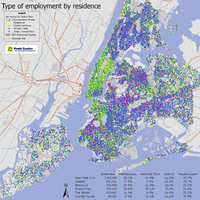 Dot-density map of New York City: Most low-wage workers live in areas outside the city's subway-rich core.