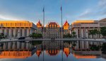 Photo of the New York State capitol building in Albany at sunset.