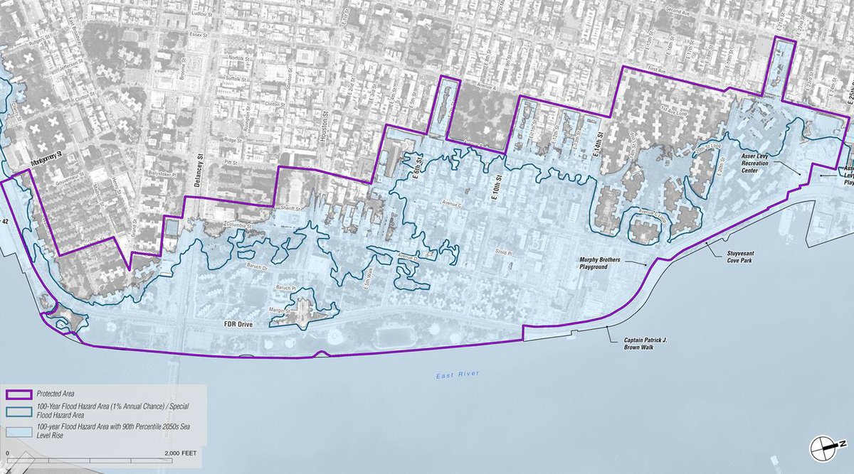 Map of Lower East Side of Manhattan with areas vulnerable to flooding in blue and areas to be protected by ESCR outlined in purple