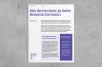 Mock-up of policy brief "NYC's Short-Term Rental Law Benefits Homeowners Over Investors"