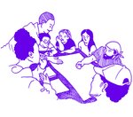 Drawing of people gathered around a table pointing to a map