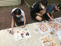 Students crouch to work on a white tarp on the ground of the Textile Dye Garden.