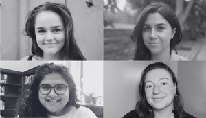 group of four black and white headshots. all young women with dark hair, smiling.