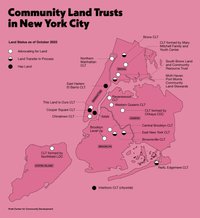 A map of NYC showing the locations and land status of CLTs across the five boroughs